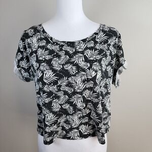 Aeropostale Crop Top Womens Large Black White Tee‎ Tropical Palm Leaves Beachy
